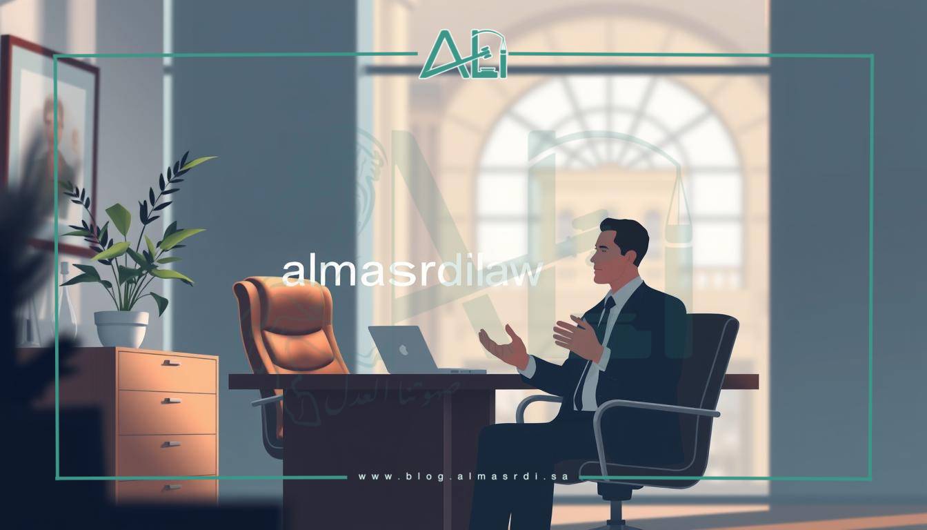 A modern, minimalist illustration of a legal consultation service called "almasrdilaw". A well-lit office scene featuring a wooden desk, leather chair, and a potted plant. In the foreground, a professional male legal advisor is seated, gesturing as he consults with a client, represented by a neutral silhouette. The background is filled with soft, blurred architectural elements that suggest an upscale, professional environment. The overall mood is one of trust, expertise, and attentive service.
