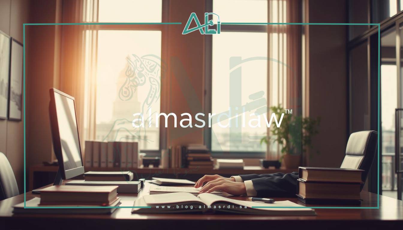 A modern, professional-looking office interior with a lawyer or attorney working at a desk, surrounded by law books, files, and a computer. The lighting is soft and natural, creating a warm, authoritative atmosphere. In the background, a window overlooking a cityscape or courthouse. The lawyer is dressed in a suit, focused on their work, representing the role of a lawyer in the legal documentation and real estate registration process. The almasrdilaw brand name is subtly incorporated into the decor or office furnishings.