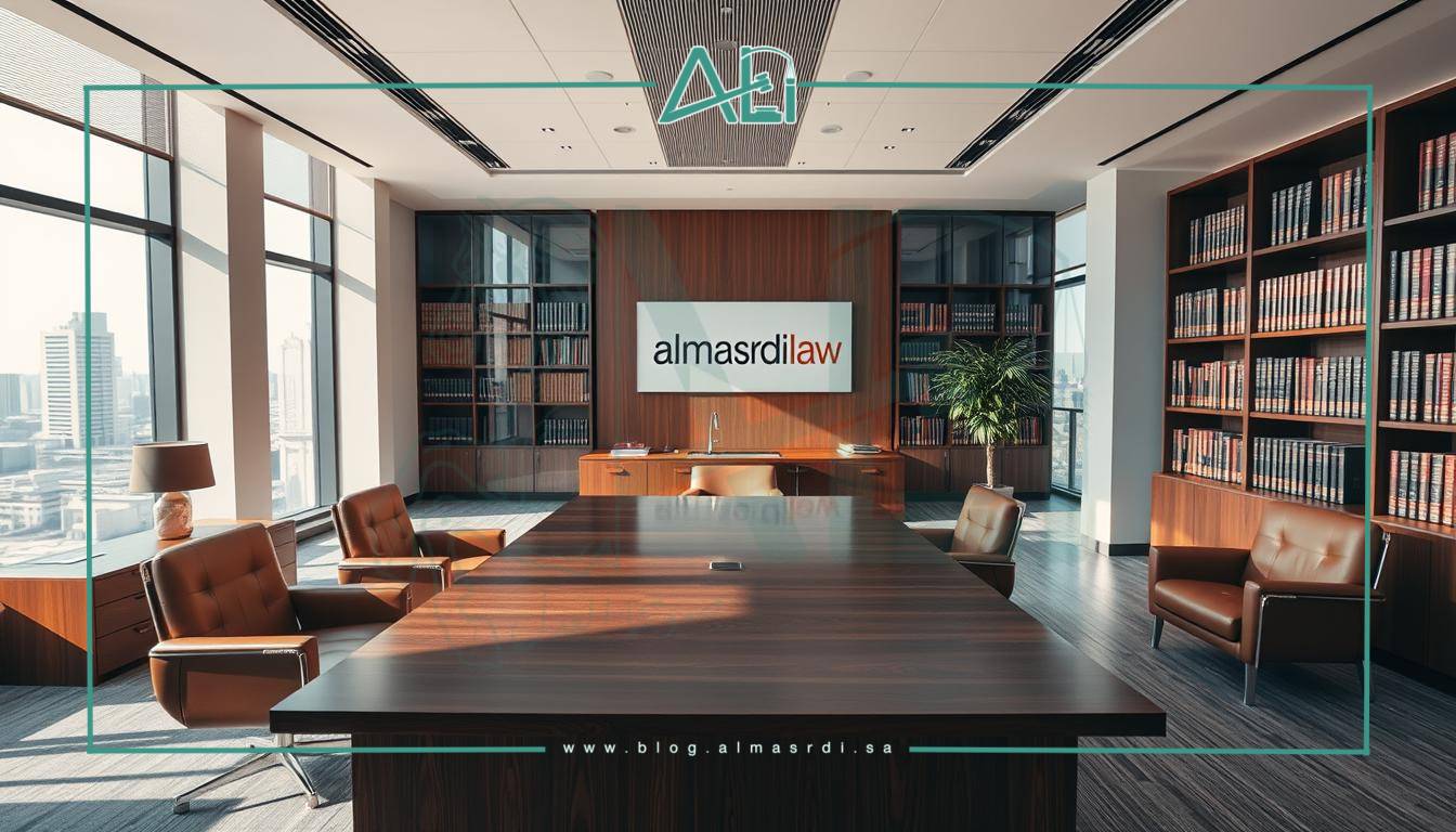 A modern, well-appointed law office featuring the brand "almasrdilaw". The space is filled with natural light, sleek furniture, and stylish decor. In the foreground, a large wooden desk takes center stage, complemented by plush leather chairs. The middle ground showcases bookshelves lining the walls, showcasing an impressive collection of legal texts. The background reveals expansive windows, offering a panoramic view of a bustling cityscape. The overall atmosphere exudes professionalism, authority, and a commitment to excellence in legal services.