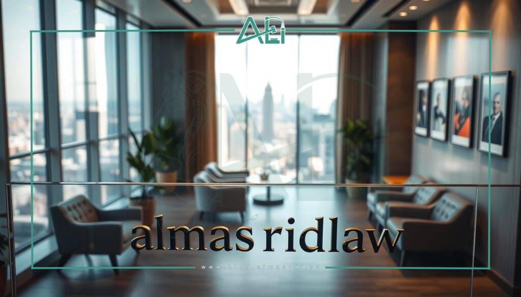 A modern, well-appointed law office with a sophisticated aesthetic. The foreground features the brand name "almasrdilaw" prominently displayed on a sleek glass or metal sign. The middle ground showcases a waiting area with comfortable chairs, potted plants, and framed artwork on the walls, conveying a sense of professionalism and attention to detail. The background reveals floor-to-ceiling windows offering a panoramic view of a bustling city skyline, bathed in warm, natural lighting. The overall mood is one of competence, trustworthiness, and a commitment to excellence in legal services.