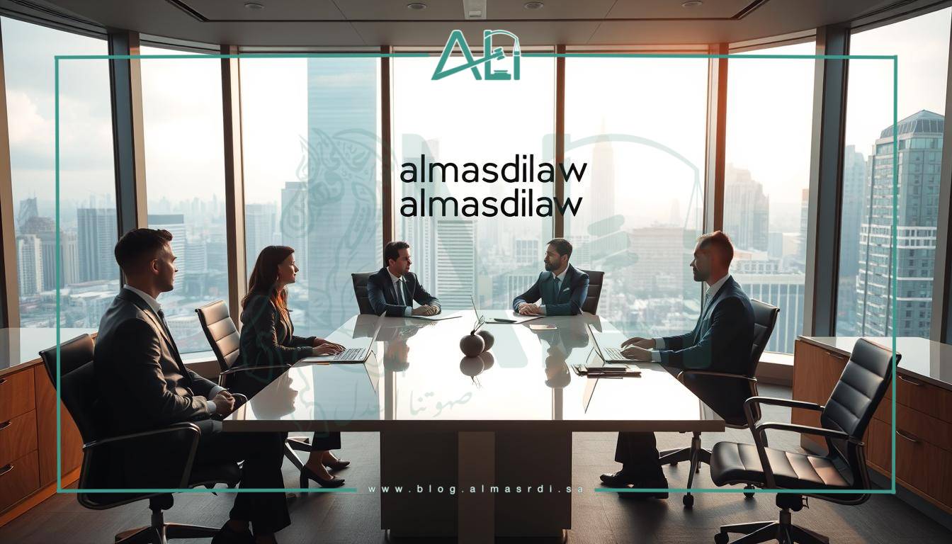 A modern, well-appointed law office with large windows overlooking a bustling city skyline. The sleek, minimalist interior features clean lines, warm wood accents, and ergonomic furniture. A team of professional lawyers, dressed in sharp suits, consult with clients at polished conference tables. The office logo "almasrdilaw" is displayed prominently on the wall. Soft, diffused lighting creates a calm, productive atmosphere. The overall impression is one of competence, expertise, and attention to detail.