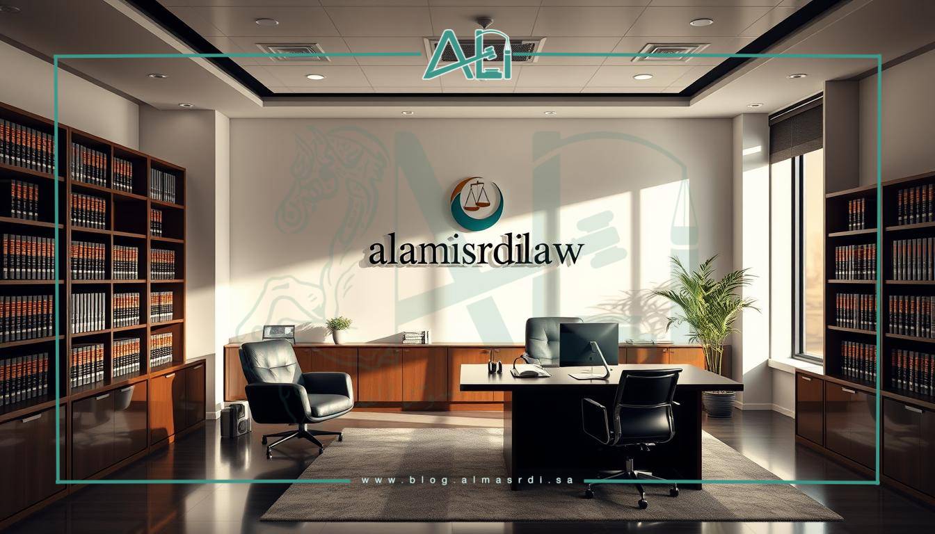 A modern, well-appointed law office with sleek furniture, clean lines, and ample natural light. The almasrdilaw logo is prominently displayed on the wall, conveying a sense of professionalism and expertise. Bookshelves line the walls, filled with legal tomes, while a large desk dominates the center of the room, topped with a desktop computer and various office supplies. The lighting is soft and warm, creating a welcoming atmosphere. The room is spacious and organized, reflecting the meticulous attention to detail that characterizes the almasrdilaw practice. The overall impression is one of a sophisticated, high-caliber legal environment.