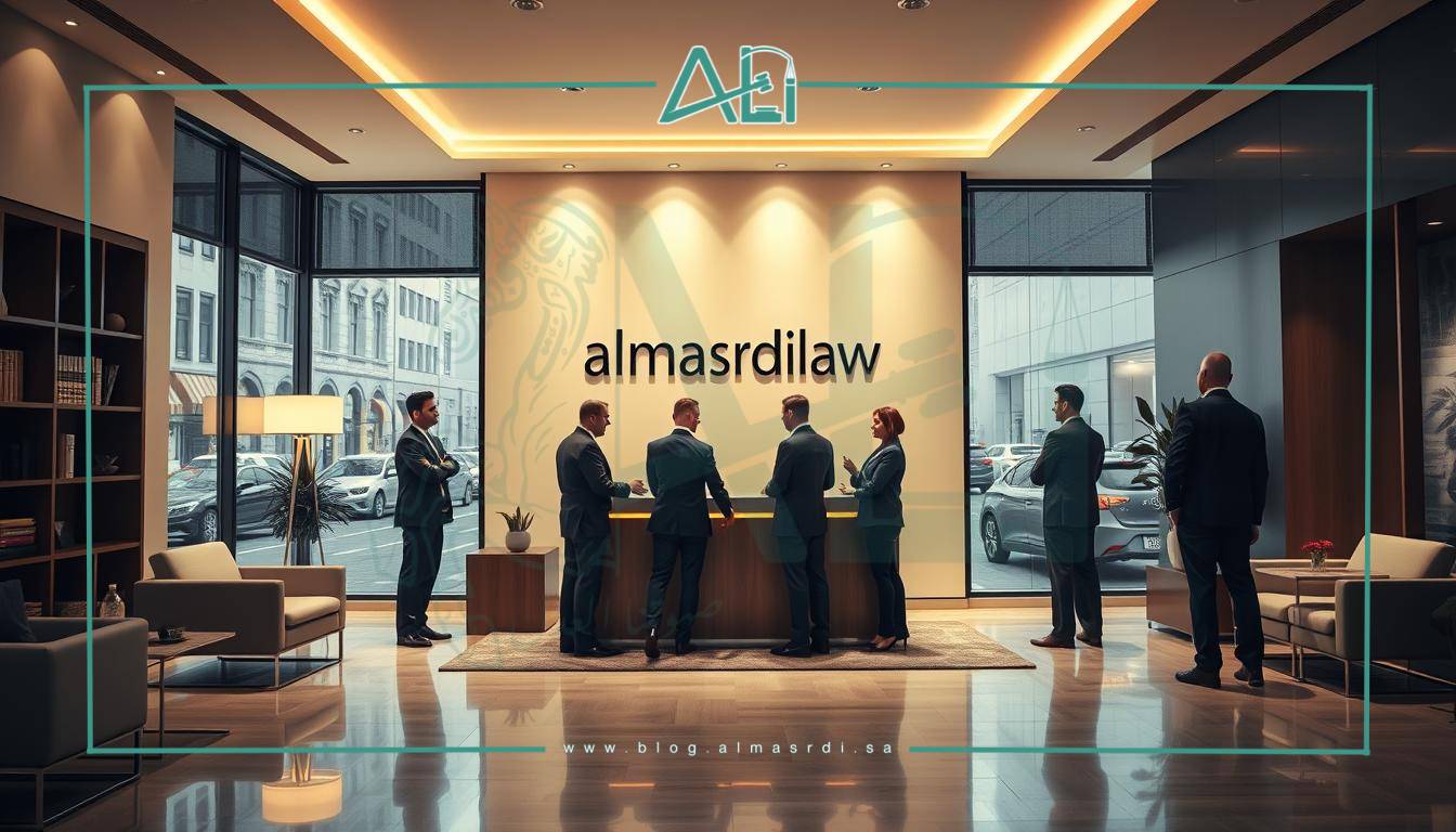 A modern, well-appointed law office with sleek, minimalist furniture and decor. Warm, indirect lighting illuminates the space, creating a professional yet inviting atmosphere. Large windows offer a view of a bustling city street outside. The almasrdilaw logo is prominently displayed on the wall behind a wooden reception desk. In the foreground, a group of suited individuals are engaged in discussion, conveying a sense of the firm's expertise and client-focused approach. The overall scene projects an image of a reputable, established law practice.