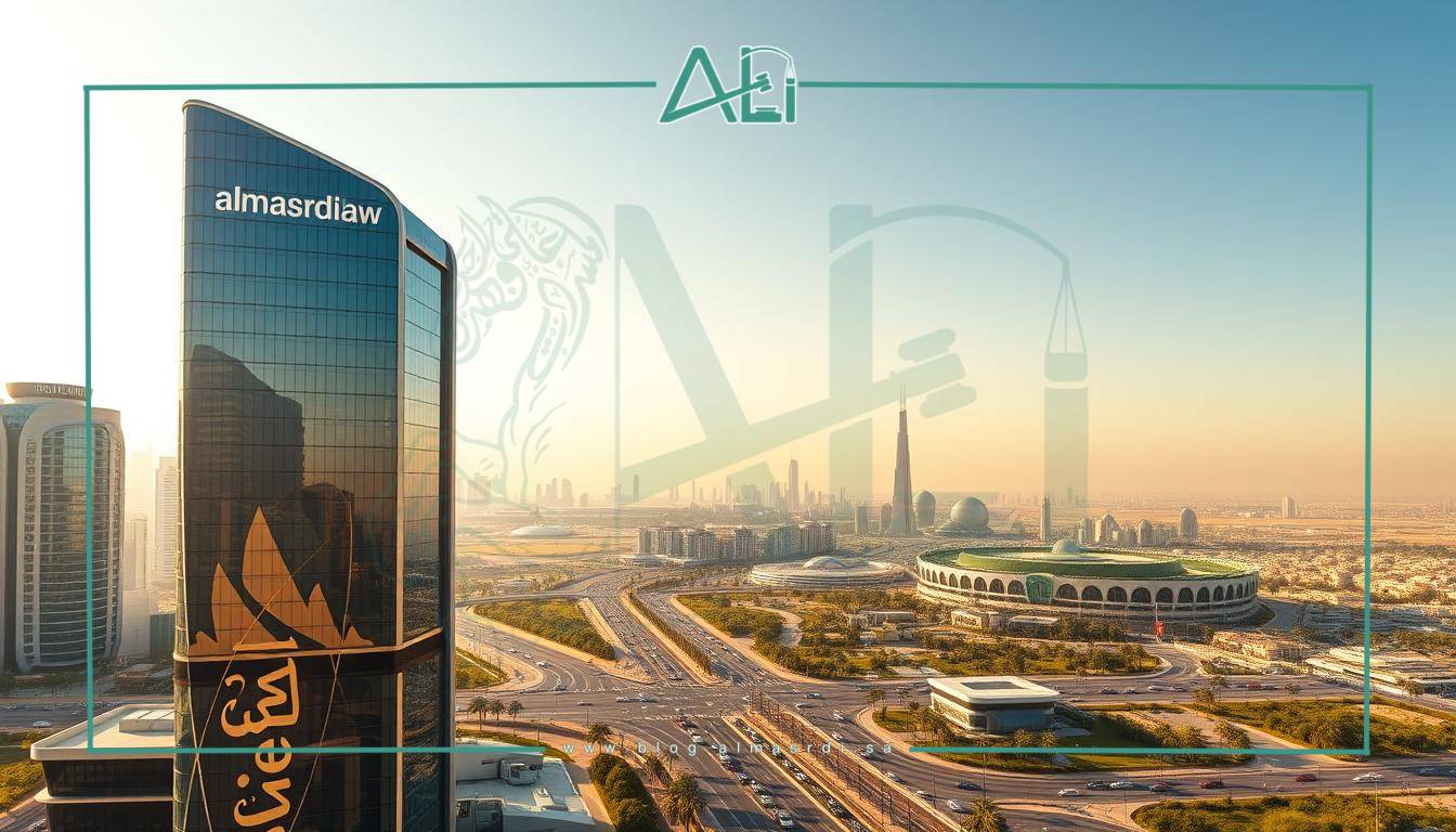 A panoramic vista of a futuristic Saudi Arabian city, bathed in warm, golden hues. In the foreground, a sleek, high-rise building with a contemporary design and prominent signage reading "almasrdilaw". The building's sleek, glass facade reflects the vibrant cityscape, while its modern architecture suggests a sophisticated, technologically-advanced legal system. In the middle ground, a bustling urban landscape unfolds, with autonomous vehicles, skyscrapers, and lush greenery. The background is dominated by a stunning, cloudless sky, creating a sense of openness and progress. The overall scene conveys a vision of the future of estate administration in Saudi Arabia, where technology and innovation streamline the legal process.