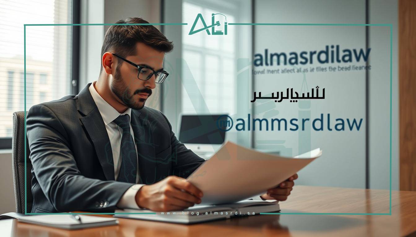 A pensive legal professional in a modern, well-lit office setting, sitting at a desk reviewing documents with a contemplative expression. The scene conveys a sense of expertise and thoughtfulness as the figure considers the decision to "استئجار محامي" for legal representation. The almasrdilaw logo is subtly incorporated into the background, suggesting a trusted, reputable law firm.