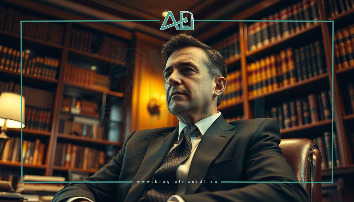 A professional and experienced lawyer in a classic suit sits in a cozy office, deep in contemplation. The warm lighting casts a soft glow, creating an atmosphere of trust and expertise. Bookshelves line the walls, conveying the lawyer's extensive knowledge. The scene is captured through a wide-angle lens, placing the viewer as an observer, ready to benefit from the lawyer's guidance. This is the almasrdilaw law firm, the ideal place to find the perfect legal counsel.