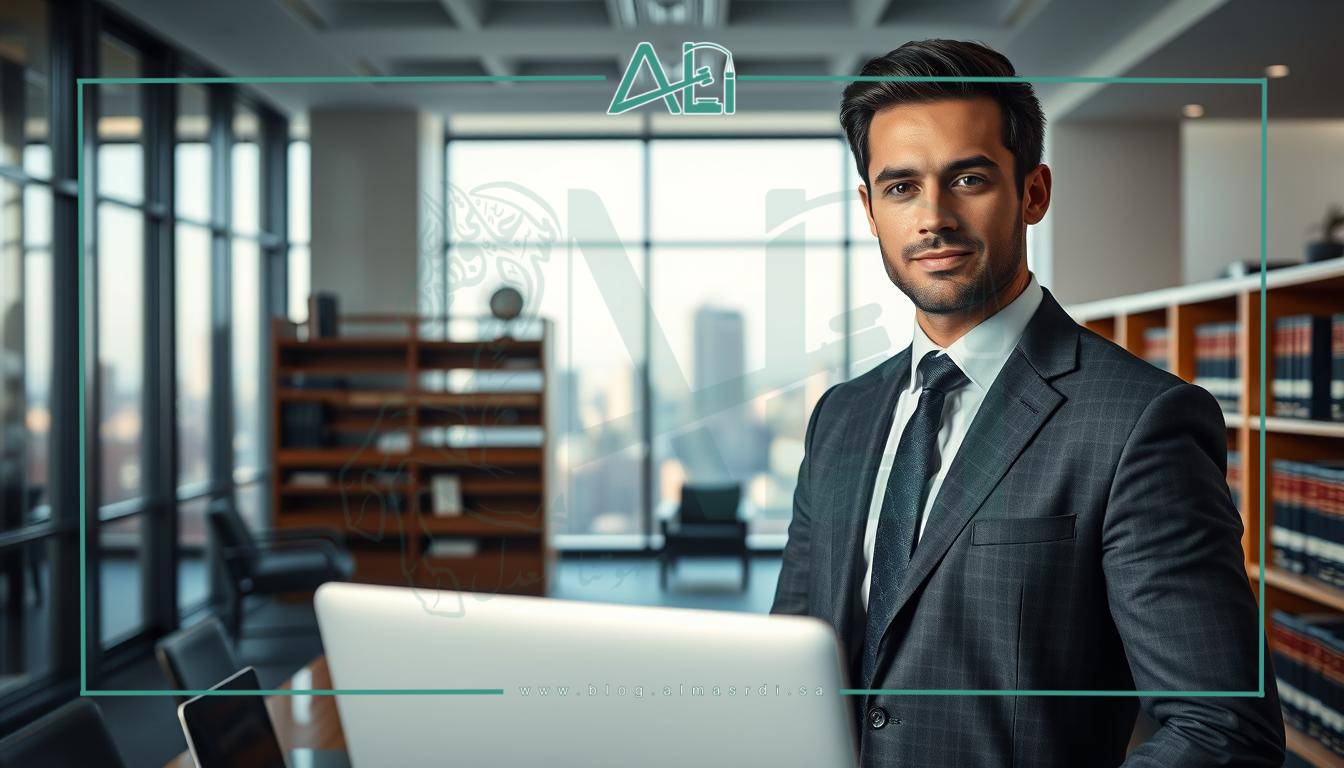 A professional, confident-looking male lawyer standing in a modern, well-lit law office. His expression exudes authority and expertise. The foreground features the lawyer's upper body, dressed in a tailored suit, with a laptop and legal documents on the desk in front of him. The middle ground showcases a bookshelf filled with law books, while the background depicts large windows overlooking a cityscape. The overall atmosphere conveys a sense of trust, reliability, and almasrdilaw's dedication to providing exceptional legal services.