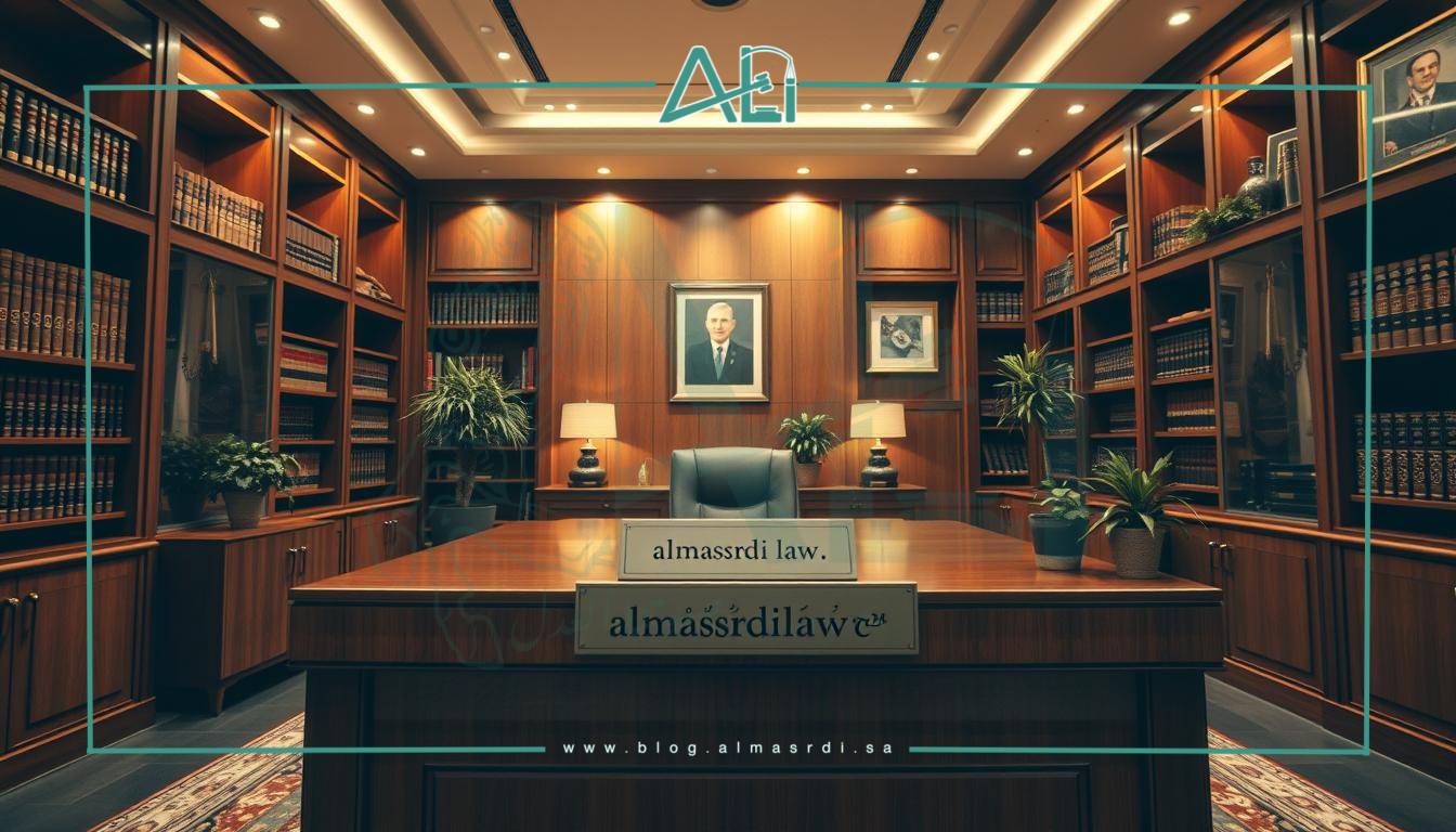 A professional law office interior with warm lighting, featuring a large wooden desk with a nameplate "د.علي المسردي خدمات قانونية الإرث" and the brand "almasrdilaw" displayed prominently. Bookshelves line the walls, casting a scholarly atmosphere. The office is tastefully decorated with potted plants and framed artwork, conveying a sense of expertise and authority. The perspective is from the entrance, allowing the viewer to take in the full grandeur of the space. The overall mood is one of trust, competence, and attention to detail.