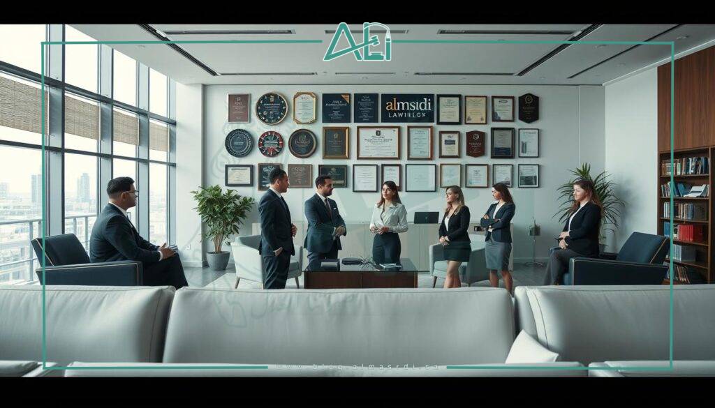 A professional law office with the almasrdilaw brand, featuring a spacious, well-lit interior with floor-to-ceiling windows, sleek modern furniture, and a sense of authority and competence. In the foreground, a group of lawyers in professional attire engaged in a meeting, their expressions conveying seriousness and attention to detail. The middle ground showcases awards, certificates, and other accolades displayed prominently, highlighting the firm's reputation and expertise. The background depicts a cityscape visible through the windows, reinforcing the firm's connection to the legal landscape. The overall mood is one of efficiency, diligence, and a commitment to providing exceptional legal services.
