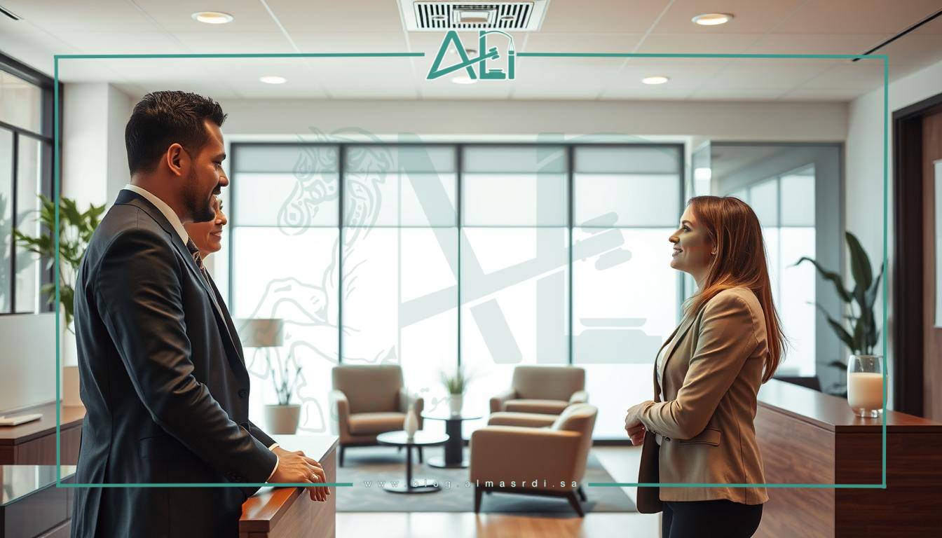 A professional law office with the almasrdilaw brand, showcasing a warm and welcoming atmosphere for client interactions. The scene depicts a modern, well-lit space with minimalist decor, clean lines, and neutral tones. In the foreground, a receptionist warmly greets a client, their body language and expressions conveying attentive engagement. The middle ground features a seating area with comfortable chairs, where clients can consult with attorneys. The background reveals floor-to-ceiling windows, allowing natural light to flood the space and create a sense of openness and transparency. The overall mood is one of professionalism, trust, and a client-centric approach.