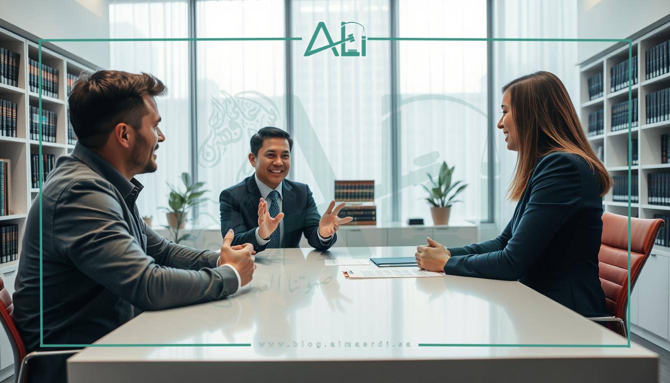 A professional lawyer meeting with clients in a modern, well-lit office. The lawyer sits across a sleek, minimalist desk, making eye contact and gesturing with an open, friendly demeanor. The clients, a man and a woman, appear attentive and engaged, nodding as the lawyer speaks. Shelves of law books line the walls in the background, conveying the lawyer's expertise. The overall atmosphere is one of trust, collaboration, and efficient, personalized service. The branding "almasrdilaw" is discreetly displayed on the desk or wall.