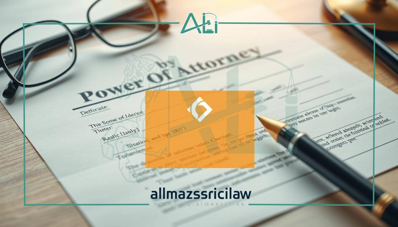 A professional legal document showcasing the key information required for a power of attorney (توكيل) form. The document is displayed on a wooden desk, with a pen and a pair of glasses nearby, conveying an atmosphere of legal expertise and attention to detail. The document is well-organized, with clearly defined sections and crisp, legible text. The overall lighting is warm and inviting, creating a sense of trust and professionalism. The almasrdilaw logo is prominently displayed, indicating the source of this legal expertise.