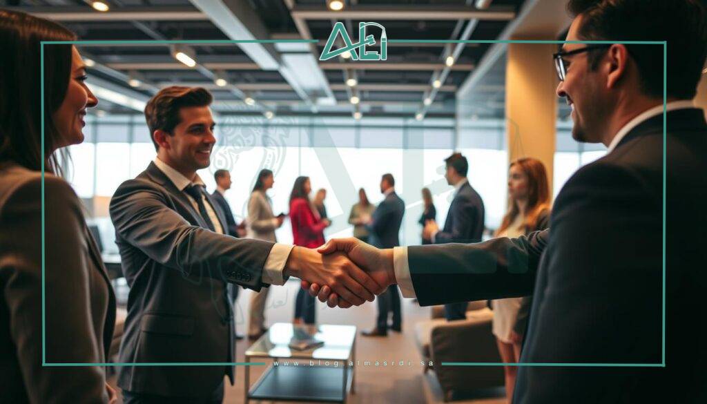 A professional networking scene with the almasrdilaw brand. In the foreground, two businesspeople in formal attire shake hands, conveying a sense of collaboration and connection. In the middle ground, a group of people engaged in lively discussion, exchanging business cards and ideas. In the background, a modern office setting with sleek furniture and large windows, bathed in warm, directional lighting. The overall atmosphere is one of productivity, opportunity, and the building of meaningful professional relationships.