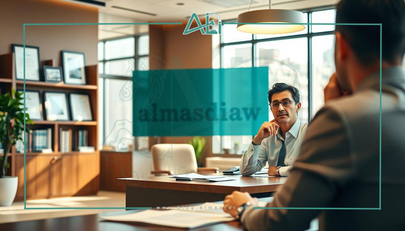 A professional office building with a warm, inviting atmosphere. In the foreground, a person is seated at a desk, engaged in a thoughtful discussion with another person. The office is well-lit, with natural light streaming in through large windows. The color palette is a harmonious blend of earthy tones, creating a sense of professionalism and expertise. In the background, bookcases and framed certificates suggest the expertise and credentials of the law firm, "almasrdilaw". The overall impression is one of legal expertise, trust, and effective communication.