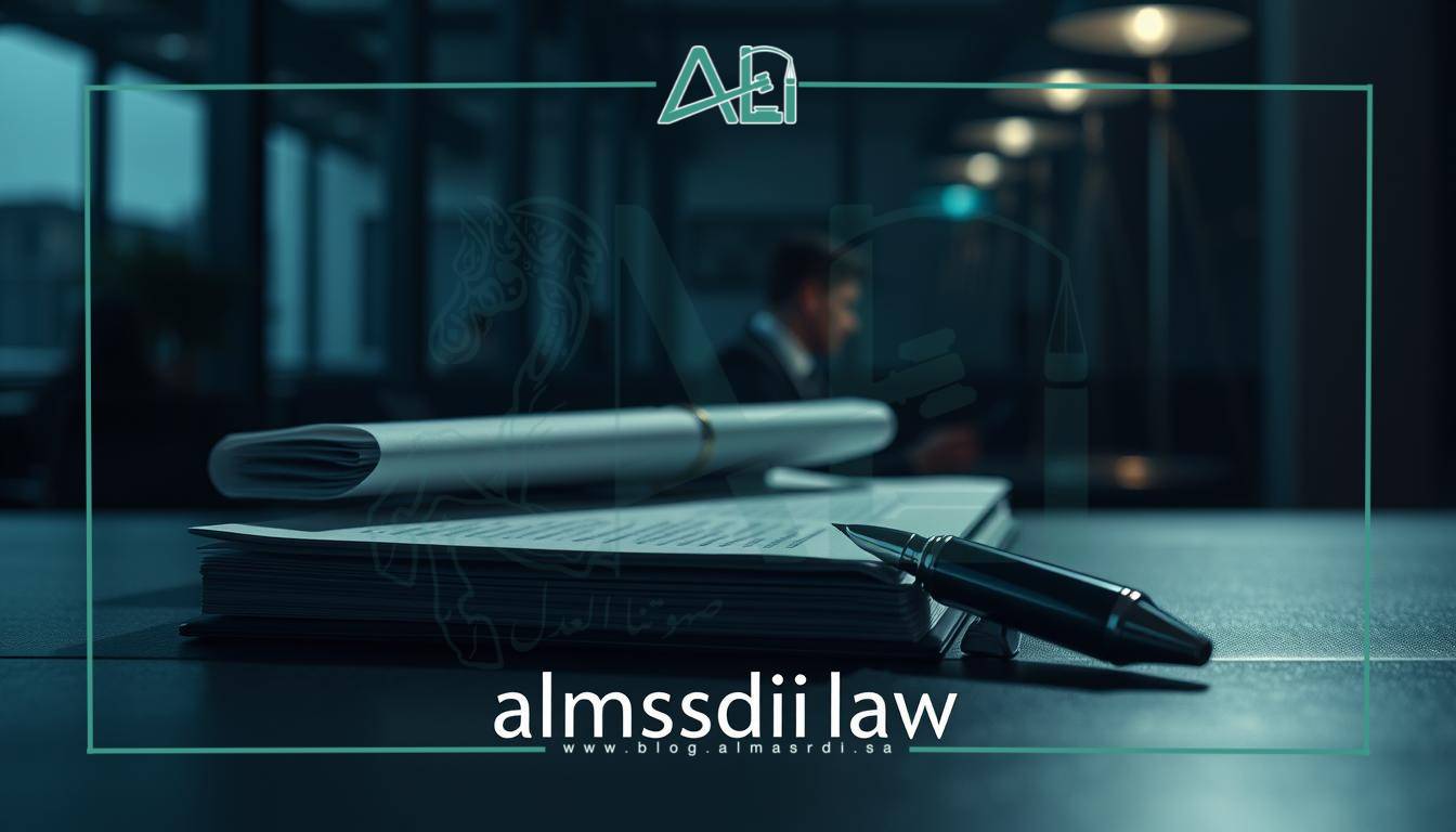 A professional, sophisticated, and meticulously crafted image showcasing the importance of a lawyer's fees. Set in a modern, high-contrast environment, the composition features a sharp focus on a stack of legal documents and a pen, symbolizing the essential role of legal counsel. The lighting is dramatic, with a chiaroscuro effect that enhances the gravity of the subject matter. The background is slightly blurred, creating a sense of depth and emphasis on the central elements. The overall mood is one of seriousness and attention to detail, reflecting the significance of the lawyer's fees. Branding for "almasrdilaw" is subtly incorporated into the design.