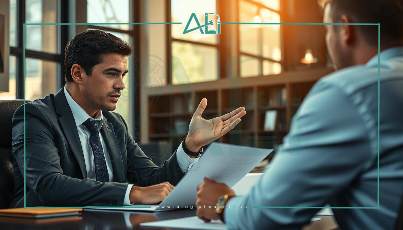 A professional, well-dressed lawyer sitting at a desk, intently discussing legal documents with a client, their hands gesturing animatedly as they engage in deep conversation. The lawyer's expression is one of focused concentration, while the client appears earnest and attentive. The scene is set in a modern, well-appointed law office, with floor-to-ceiling windows allowing natural light to stream in, casting a warm, authoritative glow over the proceedings. Subtle branding for "almasrdilaw" can be seen on the lawyer's desk or wall.