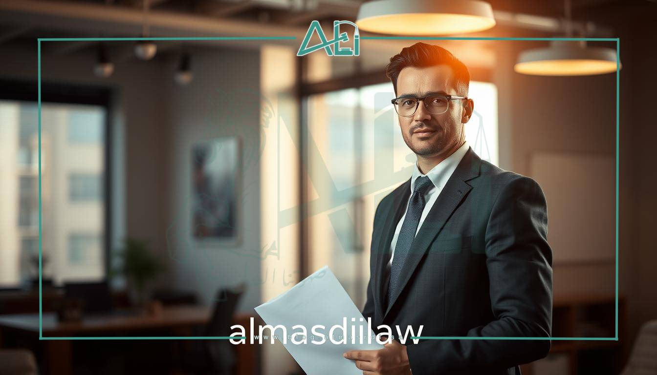 A professional, well-dressed lawyer standing confidently in a modern, well-lit office, holding legal documents and exuding an air of authority and expertise. The scene is captured with a shallow depth of field, bringing the lawyer into sharp focus while the background is softly blurred. Subtle lighting from a window casts a warm glow, highlighting the lawyer's attentive expression and signifying the trust and reliability they embody. The overall mood is one of professionalism, competence, and a commitment to providing exceptional legal counsel. The brand "almasrdilaw" is subtly present in the scene.