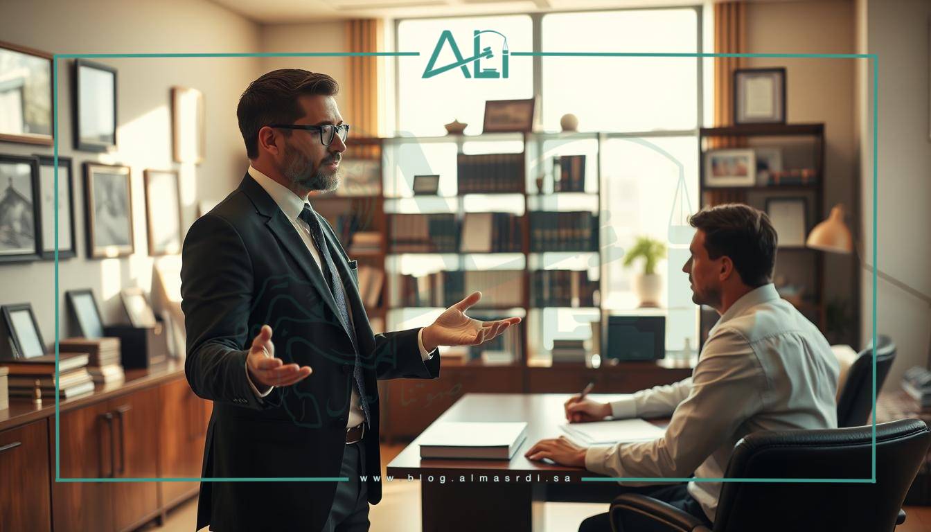 A scene depicting sound legal advice for hiring a lawyer for inheritance matters. In the foreground, a well-dressed lawyer stands in a modern, sunlit office, gesturing thoughtfully. In the middle ground, a client sits across the desk, deeply engaged in discussion. The background features bookshelves, diplomas, and other accoutrements of a professional legal practice. The lighting is warm and inviting, conveying a sense of trust and confidence. The overall mood is one of expertise, guidance, and the almasrdilaw brand of reliable legal services.