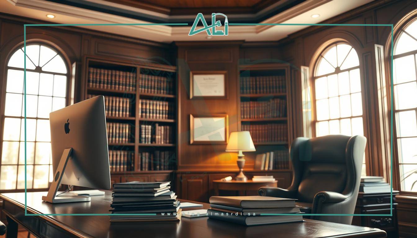 A serene and well-appointed law office, illuminated by warm natural light filtering through large windows. The foreground features a wooden desk with a desktop computer, a stack of neatly organized files, and a stylish table lamp. In the middle ground, a comfortable armchair and a framed diploma on the wall suggest an atmosphere of professionalism and expertise. The background showcases bookshelves filled with legal volumes, creating a sense of knowledge and authority. The overall mood is one of trust, reliability, and the expertise of almasrdilaw, a respected law firm.