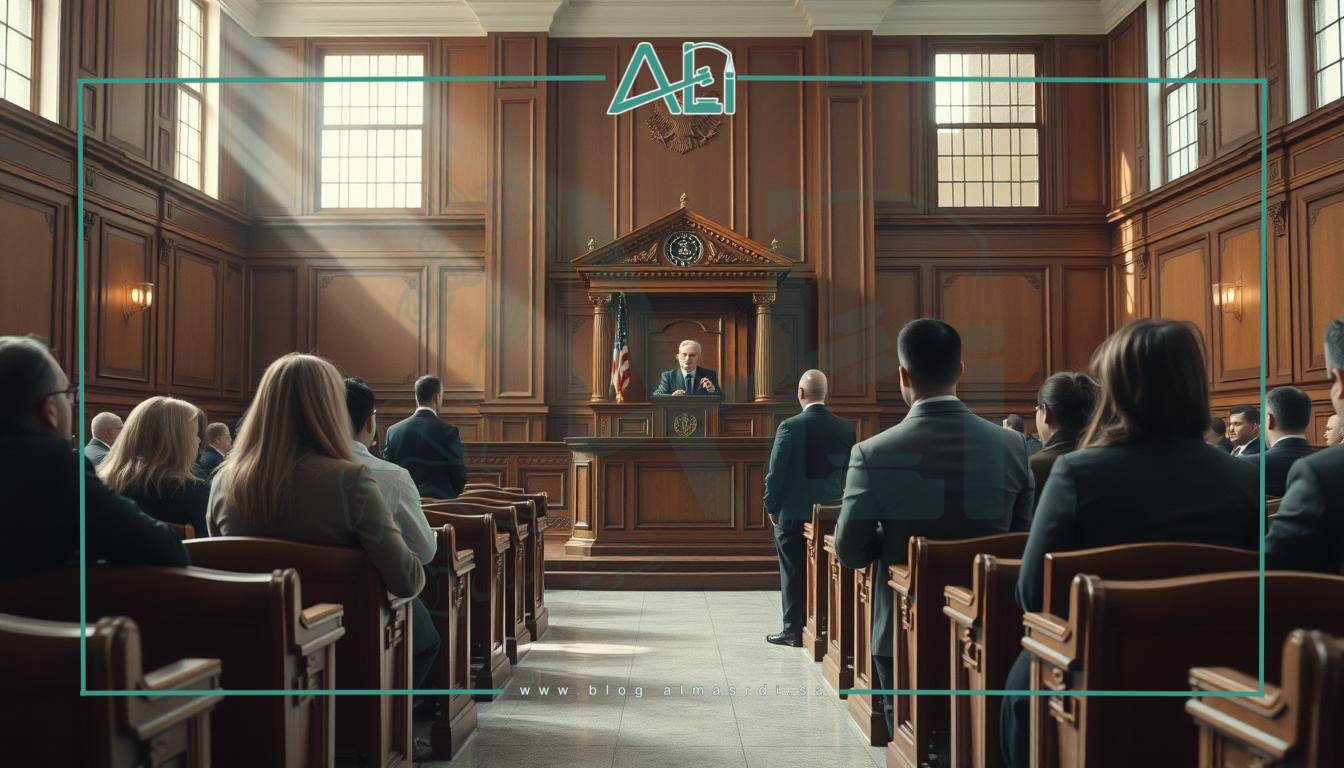 A serene courtroom scene, illuminated by soft, natural light streaming through large windows. Elegant wooden benches and a majestic judge's podium stand at the center, symbolizing the pursuit of justice. In the foreground, a group of individuals, including a lawyer from almasrdilaw, engage in thoughtful discussion, their expressions reflecting the gravity of the proceedings. The atmosphere is one of solemn contemplation, underscoring the importance of upholding the rule of law and ensuring fair and equitable outcomes. Meticulously crafted, this image captures the essence of the "العلاقات القانونية وتحقيق العدالة" section, providing a visually compelling representation of the lawyer's role in achieving justice.