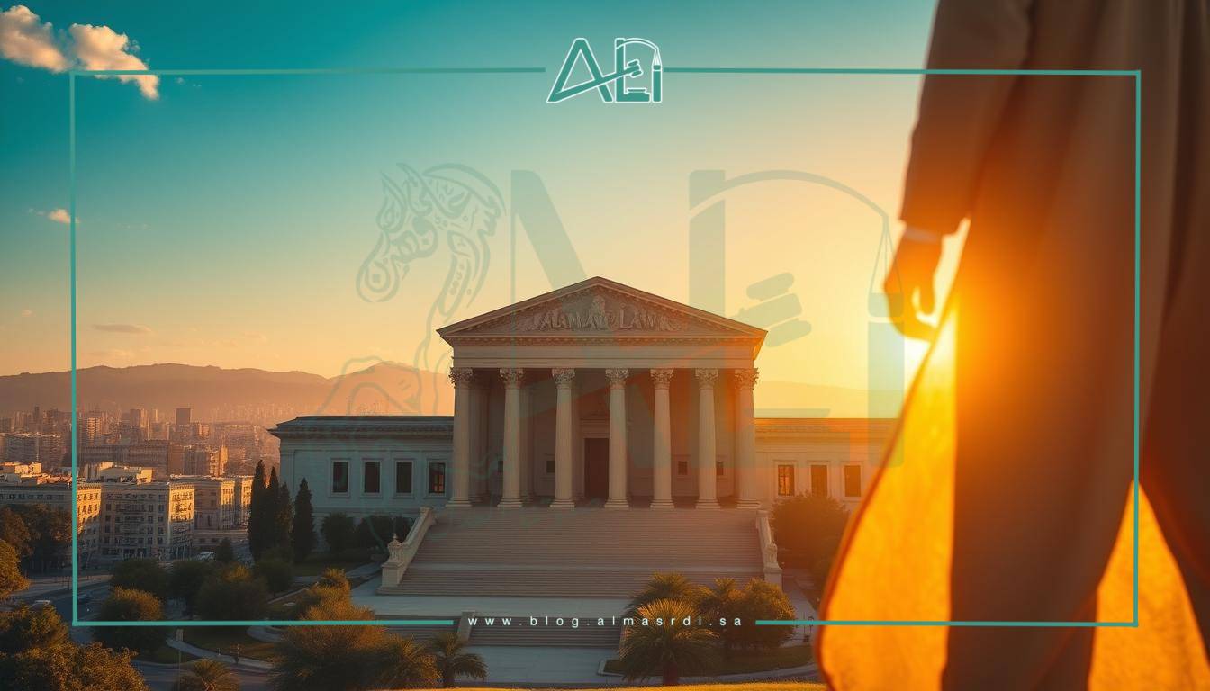 A serene landscape showcasing the legal protections of individual rights. In the foreground, a figure stands tall, representing the strength and resilience of the law, bathed in warm, golden light. The middle ground features a majestic, neo-classical courthouse, its grand architecture symbolizing the pillars of justice. In the background, a vibrant cityscape with almasrdilaw emblem, reflecting the dynamic and progressive nature of the legal system. The overall atmosphere conveys a sense of security, fairness, and the unwavering commitment to safeguarding the rights of the people.