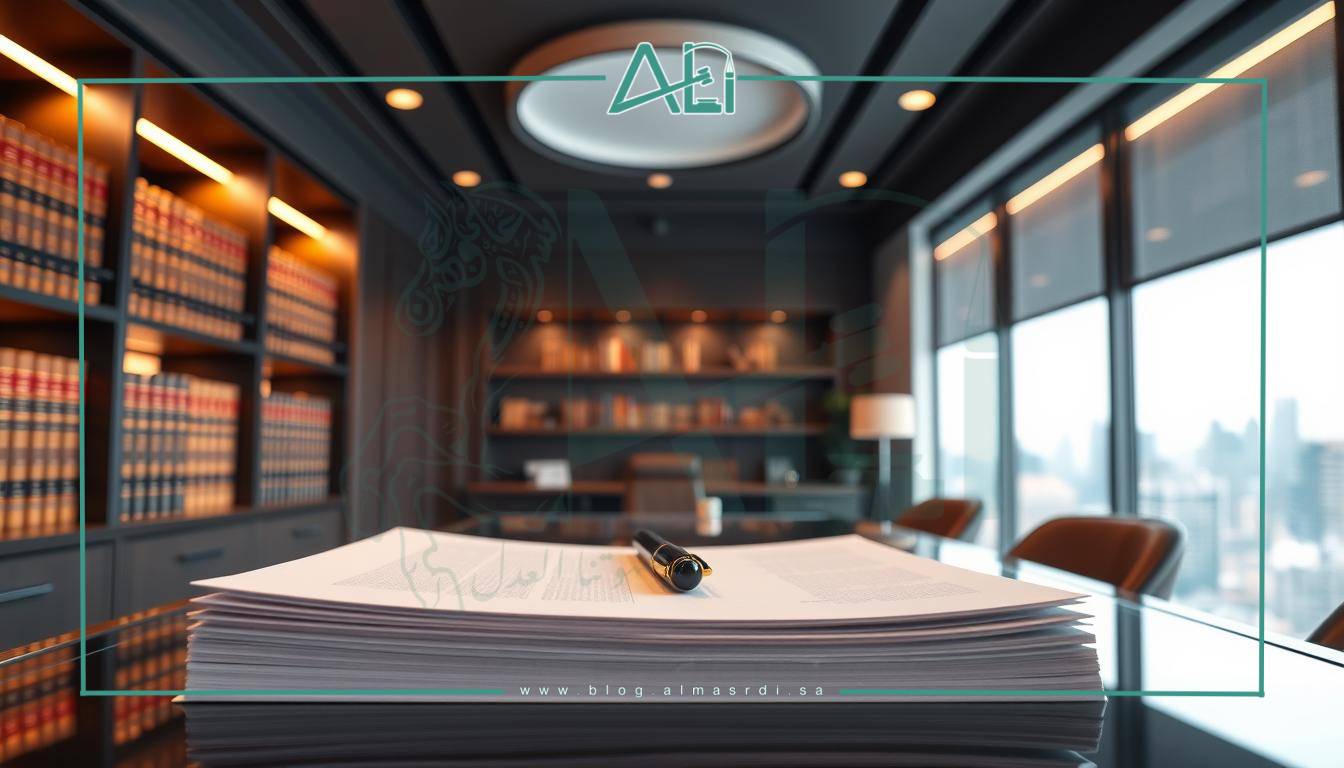 A serene law office interior with warm lighting, showcasing a sleek, modern design. In the foreground, a neatly arranged stack of documents and a stylish pen rest on a glass-topped desk. In the middle ground, a row of leather-bound law books line the shelves, and a large window offers a view of a bustling city skyline. The atmosphere conveys a sense of professionalism and expertise. almasrdilaw