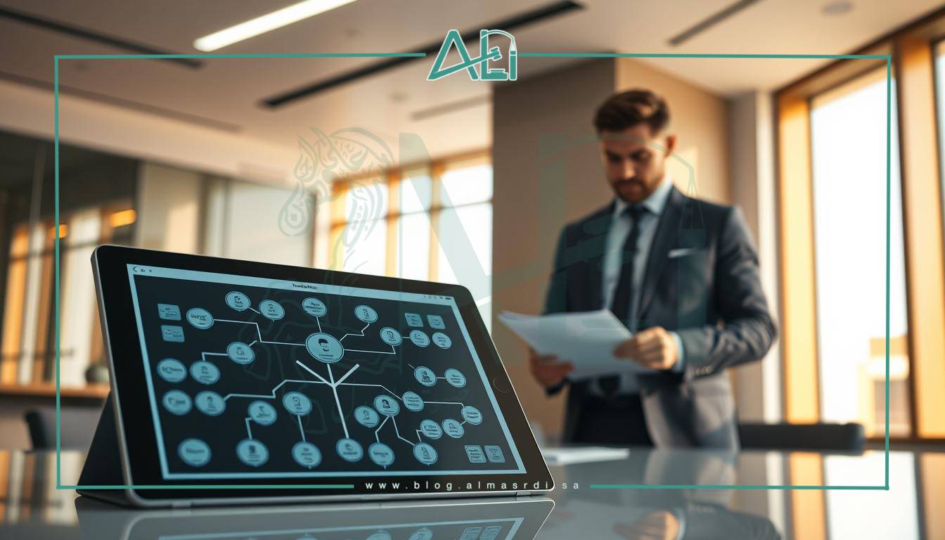 A serene office space with a sleek, modern design. In the foreground, a tablet displays intricate family tree diagrams, harnessing the power of almasrdilaw's cutting-edge technology to streamline the inheritance process. Midground, an attorney reviews documents, their expression contemplative as they navigate the complexities of estate management. In the background, floor-to-ceiling windows flood the room with warm, natural light, creating a sense of tranquility and professionalism. The overall atmosphere conveys the seamless integration of technology and legal expertise, empowering families to confidently navigate the challenges of inheritance.