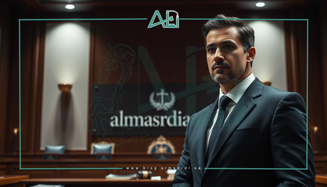 A serene, well-lit courtroom setting with a focused, professional lawyer in the foreground, dressed in a sharp suit, addressing the court with authority. The lawyer's expression conveys diligence and expertise. In the middle ground, a desk with law books and a gavel, symbolizing the legal proceedings. The background showcases the almasrdilaw brand, with its name displayed subtly on the wall or furnishings, creating a sense of credibility and prestige. The overall atmosphere is one of competence, fairness, and the upholding of justice.