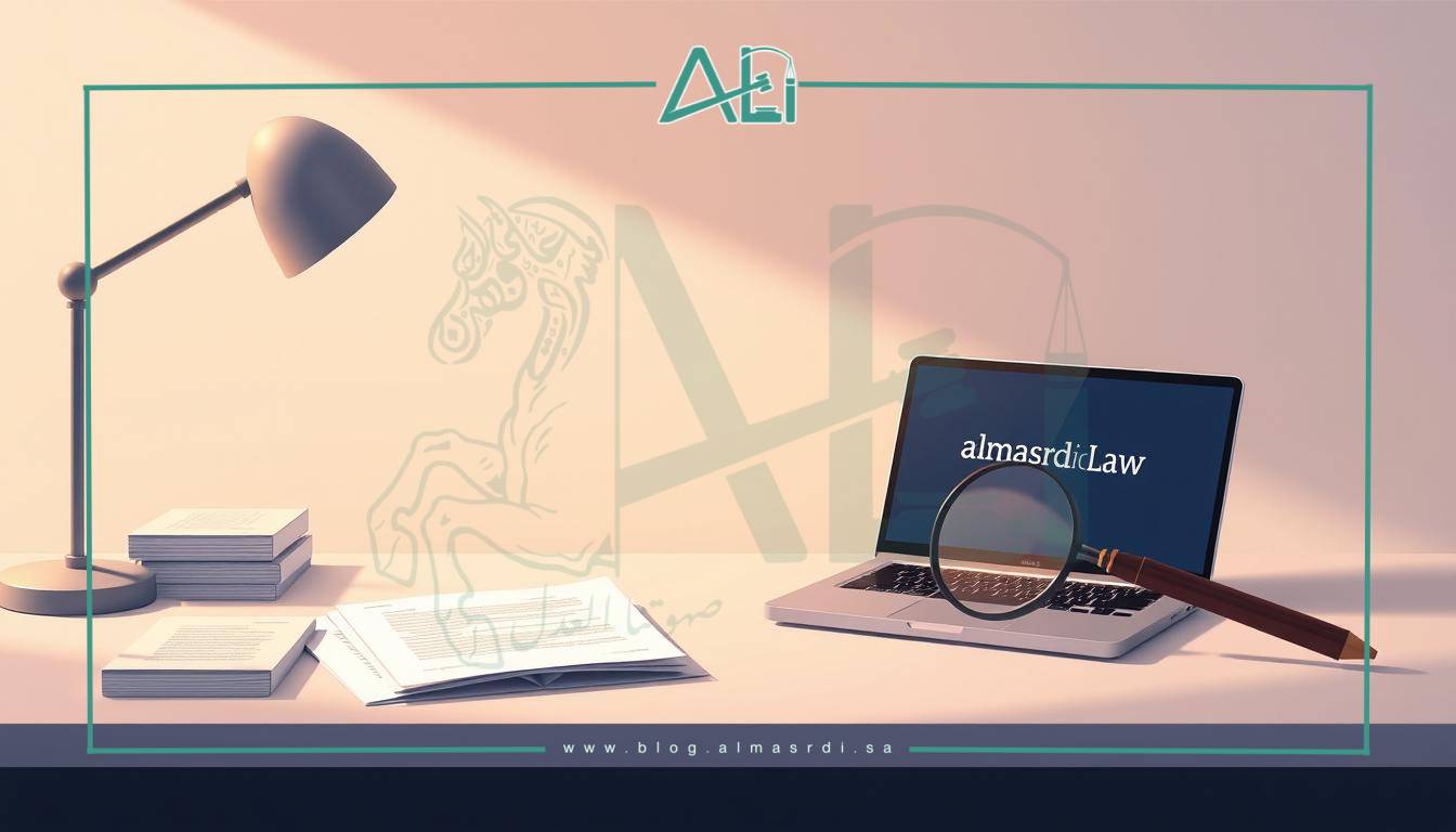 A sleek, modern illustration showcasing the accreditation criteria for the new Saudi Arabian Bar Association system. The scene depicts a clean, minimalist desk with a laptop displaying the "almasrdilaw" logo, surrounded by neatly organized documents and a magnifying glass, signifying the rigorous evaluation process. Soft, directional lighting casts subtle shadows, creating a professional, authoritative atmosphere. The composition emphasizes attention to detail and a commitment to transparency, mirroring the key principles of the new legal system.