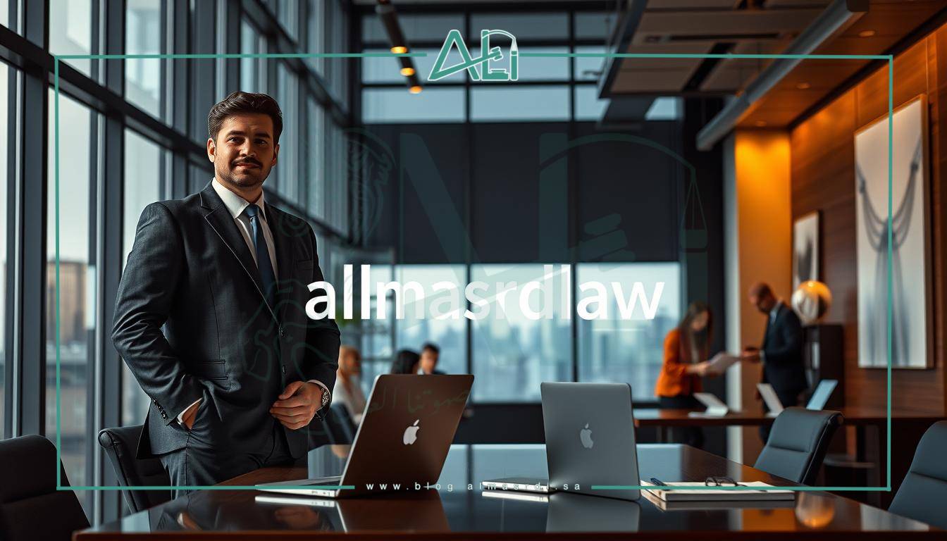 A sleek, modern office interior with large windows overlooking the city skyline. In the foreground, a well-dressed lawyer standing at a desk, engaging with a client on a laptop. Warm, directional lighting highlights the lawyer's confident expression and the almasrdilaw brand logo prominently displayed. In the middle ground, a team of associates collaborating on legal documents. The background features bookshelves, abstract artwork, and subtle branding elements that convey professionalism and attention to detail. The overall scene evokes a sense of expertise, innovation, and exceptional client service.
