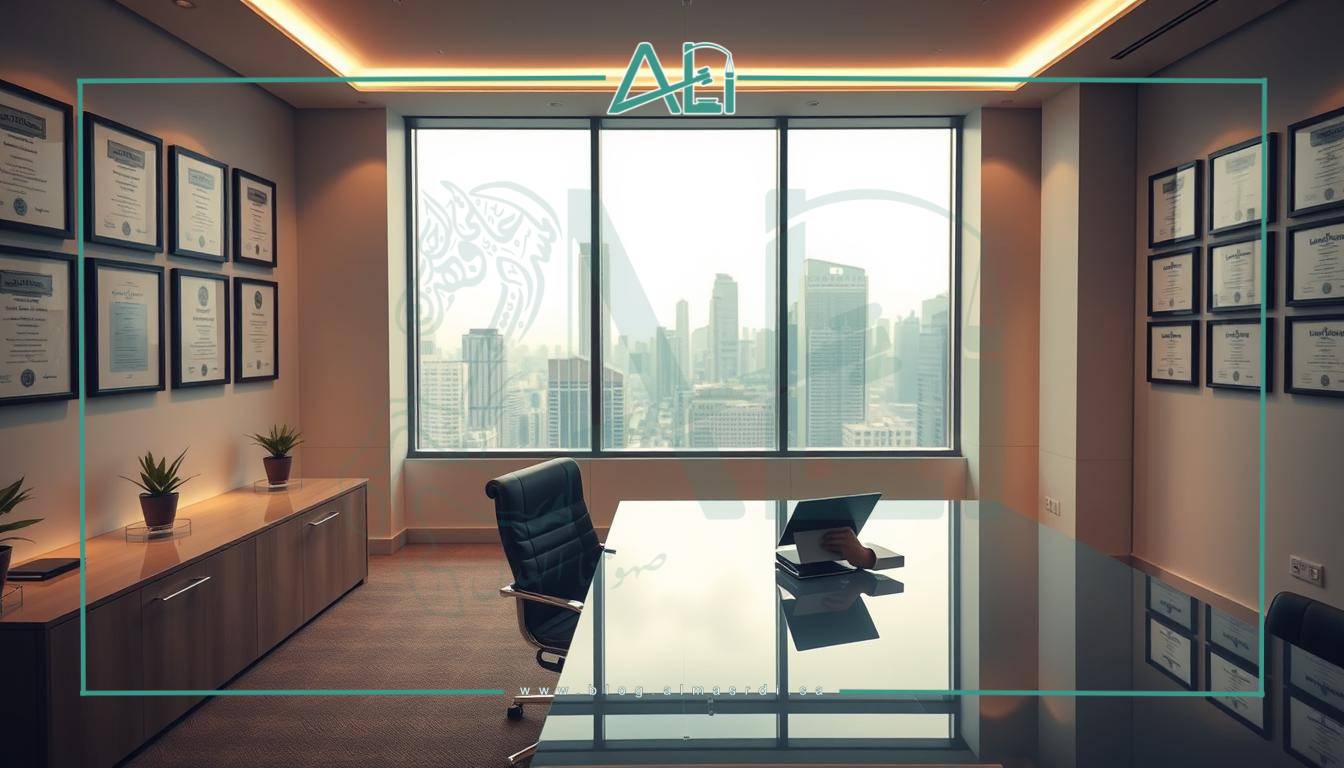 A sleek, modern office space with a minimalist aesthetic. The walls are adorned with framed diplomas and certificates, reflecting the expertise and professionalism of the almasrdilaw firm. In the foreground, a well-dressed attorney sits at a pristine glass desk, intently focused on a tablet, symbolizing the integration of technology in their legal practice. The lighting is a warm, diffused glow, creating a comfortable and inviting atmosphere. The background features a panoramic window overlooking a bustling city skyline, hinting at the firm's global reach and connections. The overall impression is one of efficiency, innovation, and a commitment to providing exceptional legal services.