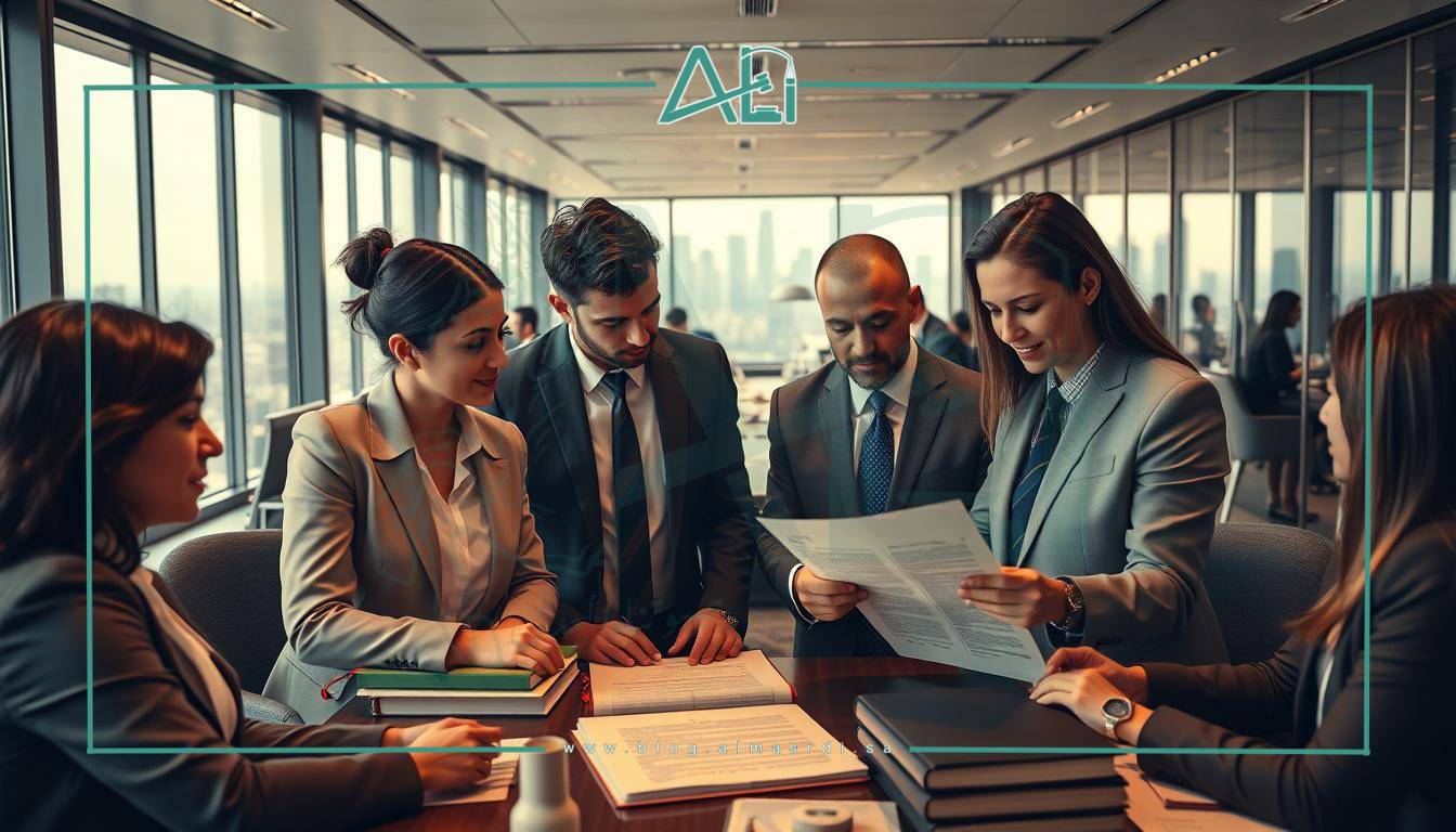 A sleek, modern office space with floor-to-ceiling windows, filled with lawyers and paralegals working on commercial cases. In the foreground, a team of "almasrdilaw" attorneys collaborate on a complex contract, their expressions focused and determined. The middle ground features a mix of traditional and cutting-edge legal technologies, from leather-bound law books to holographic displays. In the background, the city skyline is visible, a symbol of the dynamic, fast-paced world of commercial law. The lighting is warm and professional, creating a sense of productivity and expertise. The overall atmosphere conveys the specialized, multifaceted nature of commercial law practice.