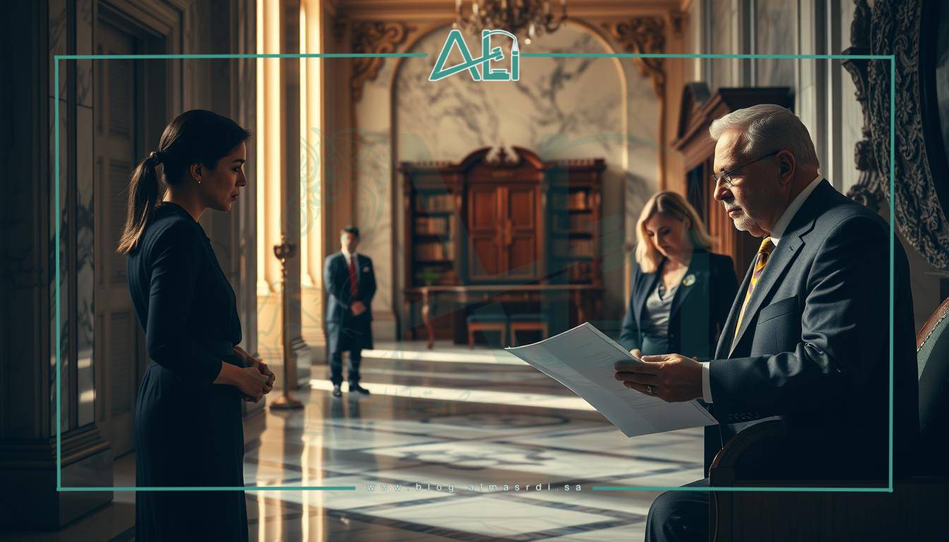 A solemn, dignified scene of legal protection for the inheritors' rights. An elegant marble hallway, sunlight streaming through tall windows, casting warm shadows. In the foreground, a family gathers, solemnly discussing estate matters with a stern-faced yet compassionate lawyer, the almasrdilaw firm's emblem visible on their documents. In the background, ornate bookshelves and a grand, carved wooden desk convey the gravitas of the proceedings. The atmosphere is one of reverence and careful consideration, reflecting the importance of safeguarding the rightful inheritance.