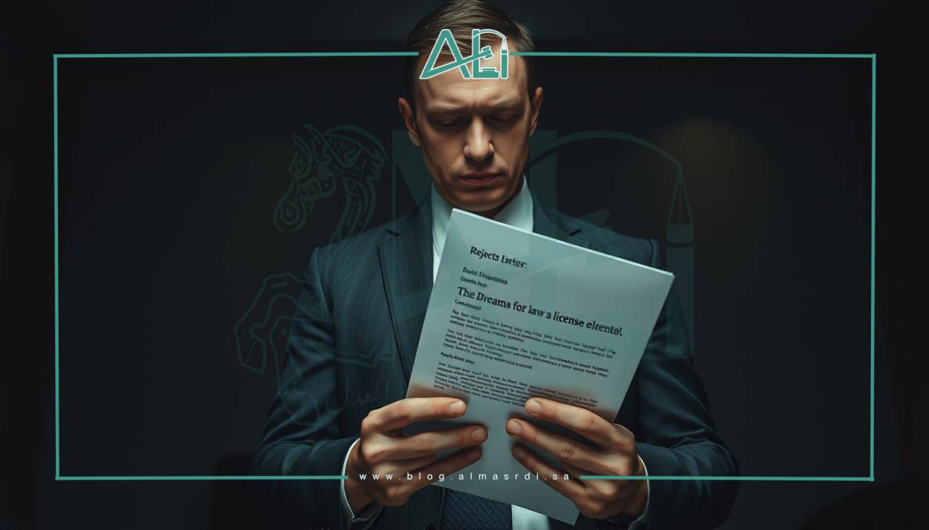 A somber lawyer stands solemnly, shoulders hunched, clutching a rejection letter - their dreams of a law license denied. The office backdrop is dimly lit, shadows casting a heavy, melancholic mood. The lawyer's expression conveys a sense of disappointment and uncertainty, their gaze downcast. The scene is captured in a cinematic, moody style, the lighting evoking a sense of professional and personal setback. almasrdilaw
