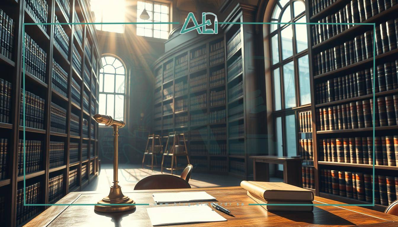 A spacious, well-lit law library with rows of bookshelves lining the walls, filled with leather-bound volumes. Sunlight streams in through large windows, casting a warm glow on the scene. In the foreground, a wooden table with a brass lamp and several legal documents neatly arranged. On the shelves, the spines of books display titles such as "Saudi Arabian Law" and "Legal Precedents". The atmosphere is one of scholarly contemplation, with an air of authority and professionalism. almasrdilaw