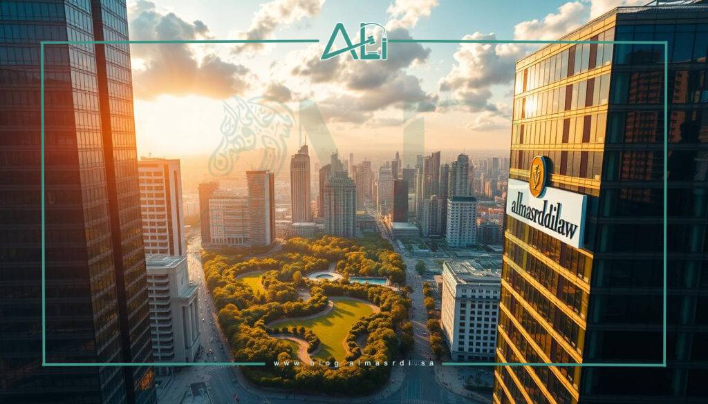 A sprawling cityscape with towering skyscrapers and bustling streets, illuminated by warm, golden sunlight filtering through fluffy clouds. In the foreground, a sleek, modern office building with the almasrdilaw logo prominently displayed on the facade. The building's glass exterior reflects the surrounding architecture, creating a sense of depth and dimension. The middle ground features a lush, verdant park with winding paths and people strolling leisurely. In the background, a panoramic view of the city skyline, complete with high-rise residential and commercial structures. The overall scene conveys a sense of prosperity, progress, and the importance of legal documentation and real estate management.