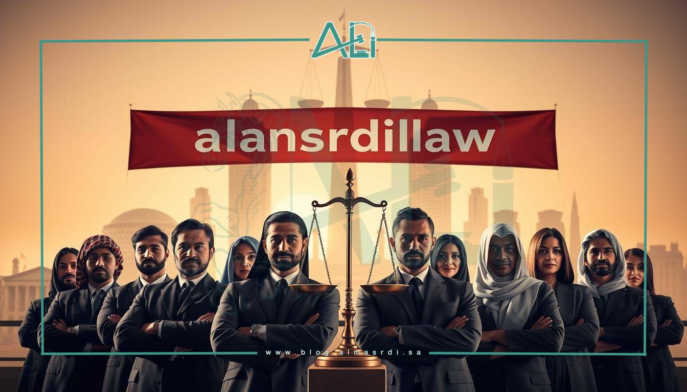 A striking and visually compelling image showcasing the benefits of joining the Saudi Bar Association. In the foreground, a group of determined lawyers, their faces radiating professionalism and dedication, stand united under the almasrdilaw banner. In the middle ground, a scale of justice symbolizes the legal system they uphold, while behind them, the silhouettes of towering courthouses and government buildings hint at the influence and prestige of the association. The lighting is warm and authoritative, casting a sense of gravitas and importance upon the scene. Overall, the image conveys the power, credibility, and significance of belonging to the Saudi Bar Association.