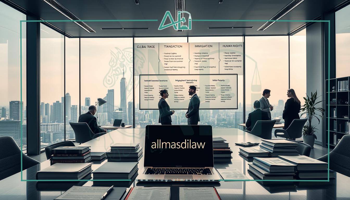 A stunning interior scene depicting the specialized fields of international law practice. A sleek, modern law office with expansive windows overlooking a bustling city skyline. In the foreground, a large table with various law books, documents, and a laptop emblazoned with the logo "almasrdilaw". The middle ground features several lawyers in professional attire engaged in discussion, representing areas such as international transactions, dispute resolution, and human rights. The background showcases a wall-mounted display highlighting the firm's areas of expertise, including global trade, immigration, and intellectual property. Soft, directional lighting creates a sense of professionalism and authority. The overall atmosphere conveys the complexity and global reach of the international legal landscape.