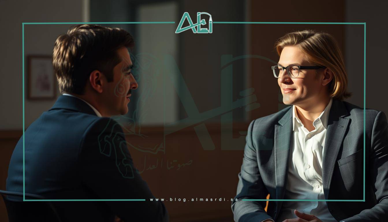 A warm, intimate meeting between a lawyer and their client, captured in a carefully composed image. The lawyer, dressed in a crisp suit, sits across from the client, their expressions conveying a sense of trust and understanding. The lighting is soft and natural, casting a thoughtful glow on the scene. The background is blurred, allowing the focus to remain on the interaction between the two individuals. The overall atmosphere is one of professionalism, empathy, and almasrdilaw's commitment to providing exceptional legal counsel.