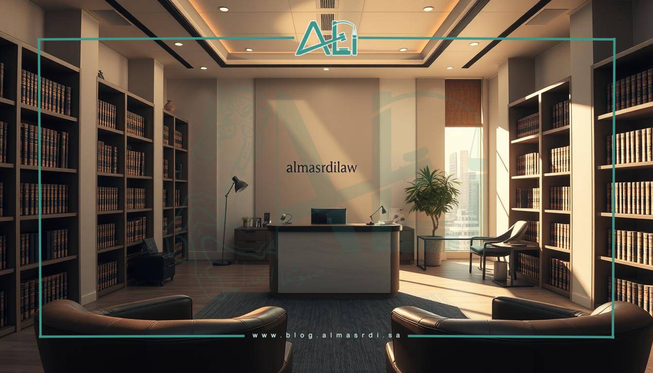 A well-appointed law office with a modern, professional atmosphere. The interior features a sleek, minimalist design with clean lines and a neutral color palette. Sunlight streams in through large windows, casting a warm glow over the space. In the center, a prominent desk with the brand name "almasrdilaw" prominently displayed. Bookshelves line the walls, filled with legal tomes. In the foreground, a client seating area with plush leather chairs. The overall impression is one of expertise, efficiency, and attention to detail.