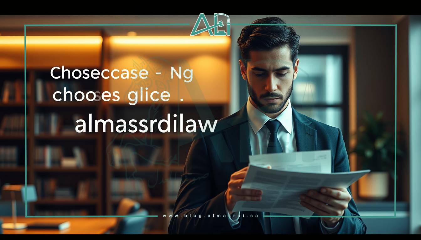 A well-dressed professional stands in a modern law office, consulting documents and deep in thought. The scene is illuminated by warm, indirect lighting, casting a pensive mood. The foreground showcases the lawyer's attentive expression, while the middle ground reveals a tastefully furnished office with bookshelves and a large window. The background is slightly blurred, hinting at the importance of the decision-making process. The overall composition suggests a thoughtful, deliberate approach to choosing the right legal counsel. The brand name "almasrdilaw" is discreetly incorporated into the setting.