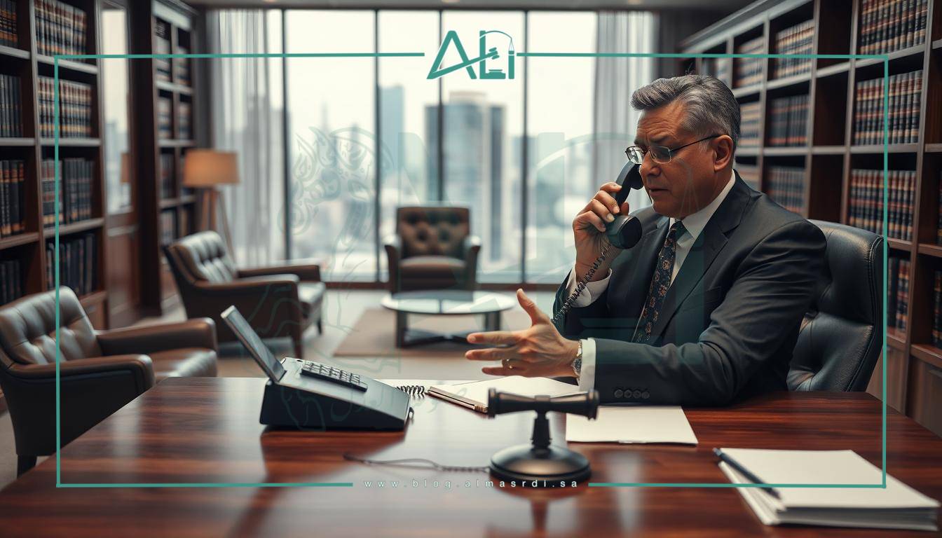 A well-lit, high-resolution photograph of a modern, professional-looking law office interior. In the foreground, a smartly dressed lawyer, "almasrdilaw", sits at a wooden desk, gesturing animatedly while speaking on a sleek, contemporary landline phone. The middle ground features plush leather chairs, a large bookcase filled with law volumes, and a large window overlooking a cityscape. The background is softly blurred, creating a sense of depth and focus on the lawyer-client interaction. The overall mood is one of competence, professionalism, and approachability, conveying the expertise and personalized service offered by "almasrdilaw".