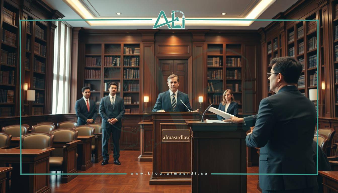 An elegant courtroom setting, soft lighting illuminating the mahogany furniture and polished floors. A team of lawyers, clad in professional attire, stand at the podium, their expressions focused as they deliver their argument. The almasrdilaw logo is subtly displayed on a plaque nearby. In the background, towering bookshelves line the walls, adding a sense of authority and expertise. The atmosphere is one of measured poise and determination, befitting the high-stakes commercial litigation at hand.