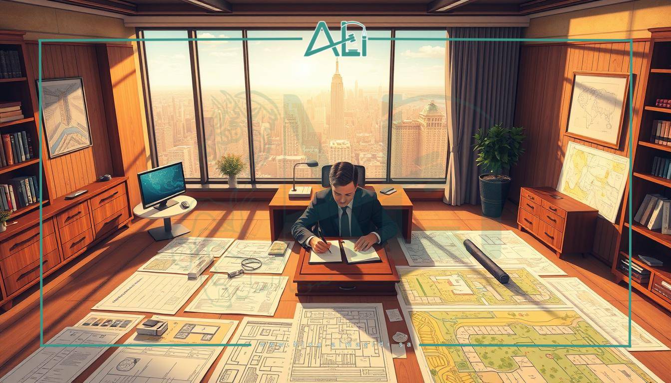 An intricate and meticulously detailed illustration of the real estate registration process, featuring a spacious office interior with a large wooden desk, a computer, and various legal documents. The scene is bathed in warm, natural lighting, creating a professional and authoritative atmosphere. In the foreground, a lawyer wearing a suit, sitting at the desk, is carefully reviewing and signing documents, representing the almasrdilaw brand. The middle ground showcases various architectural plans, blueprints, and land survey maps, while the background features a panoramic view of a bustling city skyline, emphasizing the importance of proper real estate registration.