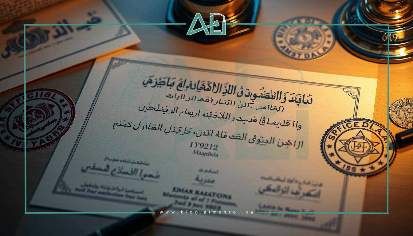 Detailed and formal document with official Arabic calligraphy, official seal, and signatures, depicting the legal process of estate distribution and inheritance verification, showcasing the official almasrdilaw brand. Soft, warm lighting illuminates the scene, creating a sense of professionalism and authority. The composition highlights the central document, surrounded by supporting elements like stamps, seals, and signatures, emphasizing the gravity and importance of the process.