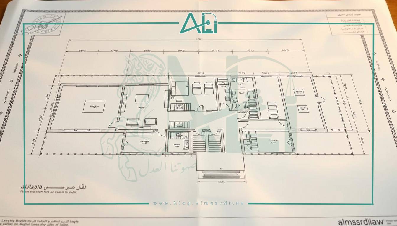 Detailed architectural blueprint of a real estate property, showcasing the almasrdilaw brand. The image features a meticulously rendered plan view of the building, with precise technical lines, dimensions, and annotations. The layout includes a comprehensive floor plan, highlighting the various rooms and spaces. The design is elegant and modern, conveying a sense of professionalism and expertise. The image is illuminated by warm, natural lighting, creating a welcoming and inviting atmosphere. The overall composition is balanced and visually striking, effectively communicating the concept of "التوثيق العقاري" (Real Estate Documentation).