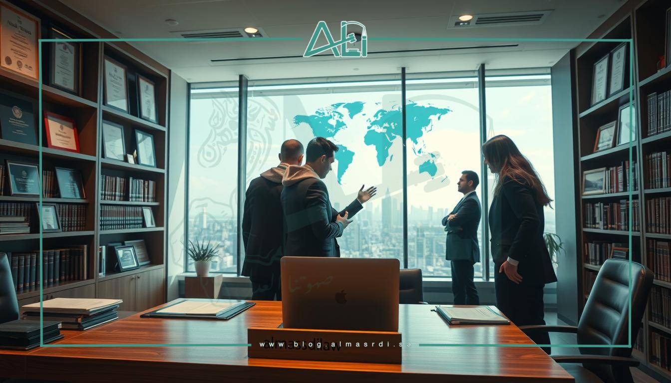 Detailed interior scene of a modern law office, flooded with natural light from large windows. In the foreground, a stylish wooden desk with a laptop, legal documents, and a nameplate that reads "almasrdilaw". Behind it, a floor-to-ceiling bookshelf filled with law books. On the walls, framed legal certificates and awards. In the middle ground, a group of international lawyers in formal attire engaged in a discussion, gesturing towards a world map on the wall. In the background, a panoramic view of a bustling city skyline visible through the windows, conveying a sense of global connectivity and opportunity. The overall atmosphere is professional, sophisticated, and emblematic of the diverse career prospects available to international lawyers.