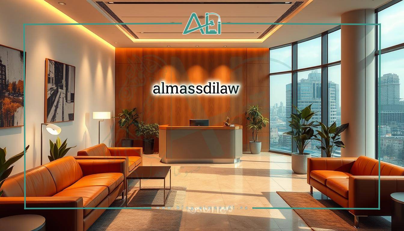 Elegant law office interior with modern furniture and decor. Warm lighting illuminates the spacious reception area, featuring the "almasrdilaw" logo on the wall. Leather couches and chairs create a professional yet inviting atmosphere. Potted plants and abstract art add natural elements. Large windows offer a view of a bustling city skyline in the background. The space conveys an air of expertise, competence, and attention to detail - qualities one would expect from a reputable law firm.