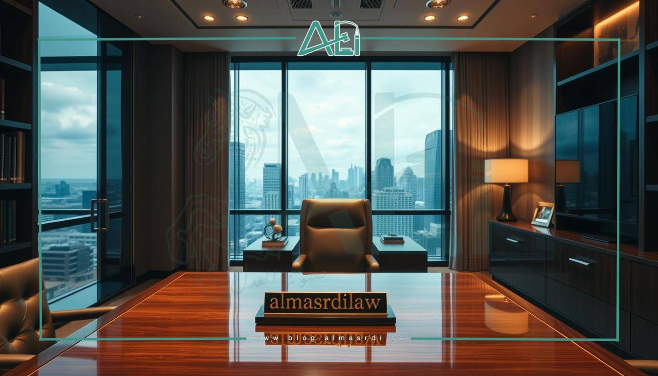 Sophisticated law office interior with contemporary furnishings and decor. Well-appointed desk, custom shelving, and large window overlooking city skyline. Warm lighting creates a professional yet inviting atmosphere. Elegant nameplate on desk reads "almasrdilaw". Subtle branding elements tastefully incorporated throughout the space. Camera angle slightly elevated to capture the full grandeur of the office.