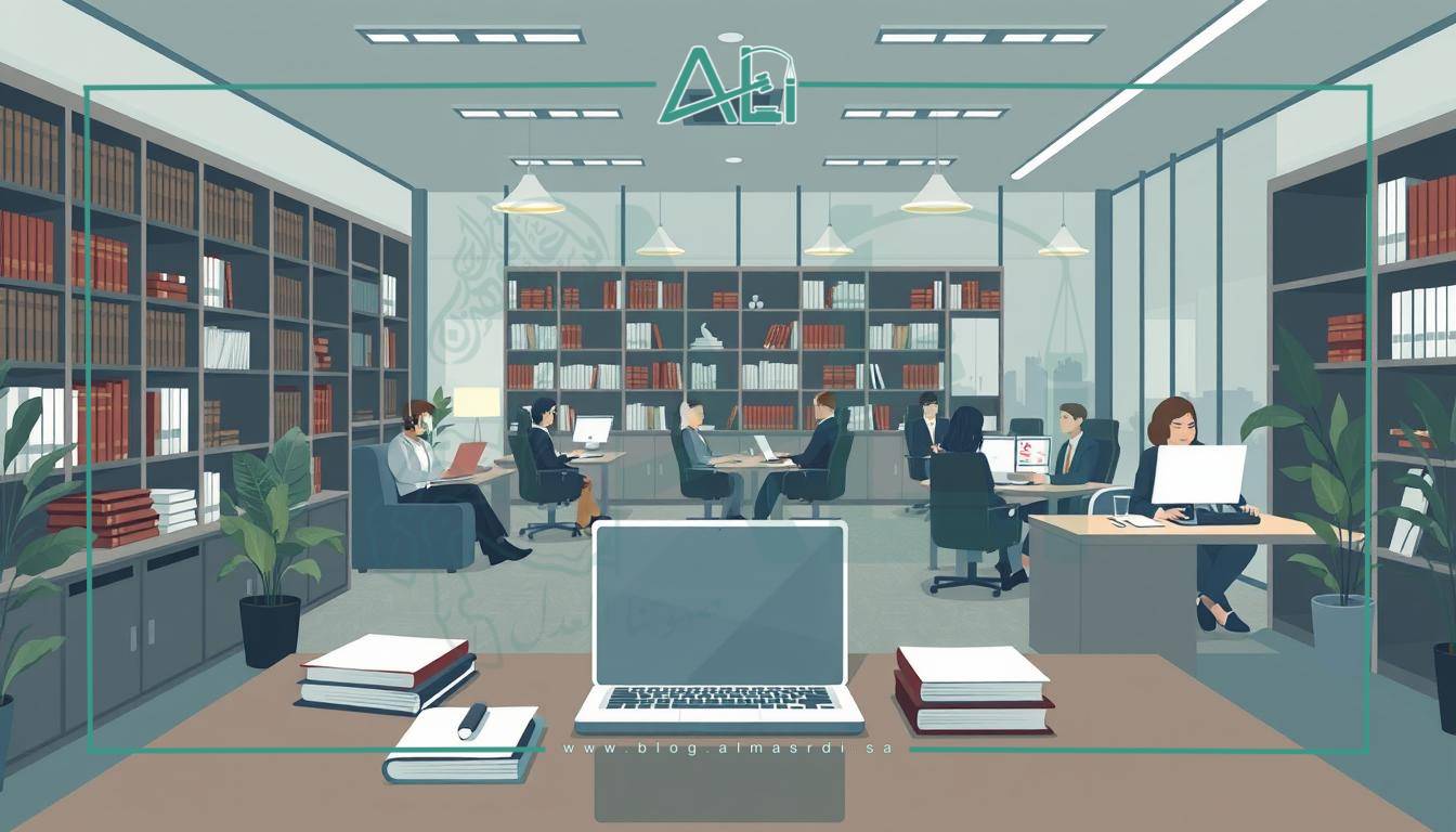 a lush, stylized illustration of a law office interior with various legal services and activities depicted, all framed within a modern, minimalist aesthetic. the scene features a sophisticated color palette of muted grays, blues, and greens, creating a sense of professionalism and authority. in the foreground, a desk with a laptop, books, and a nameplate reading "almasrdilaw" takes center stage. behind it, shelves filled with law books and documents hint at the depth of legal expertise available. in the middle ground, clients meet with attorneys in comfortable seating areas, while in the background, a team of paralegals and legal assistants work diligently at their desks. the overall atmosphere conveys a sense of trust, reliability, and excellence in legal services.